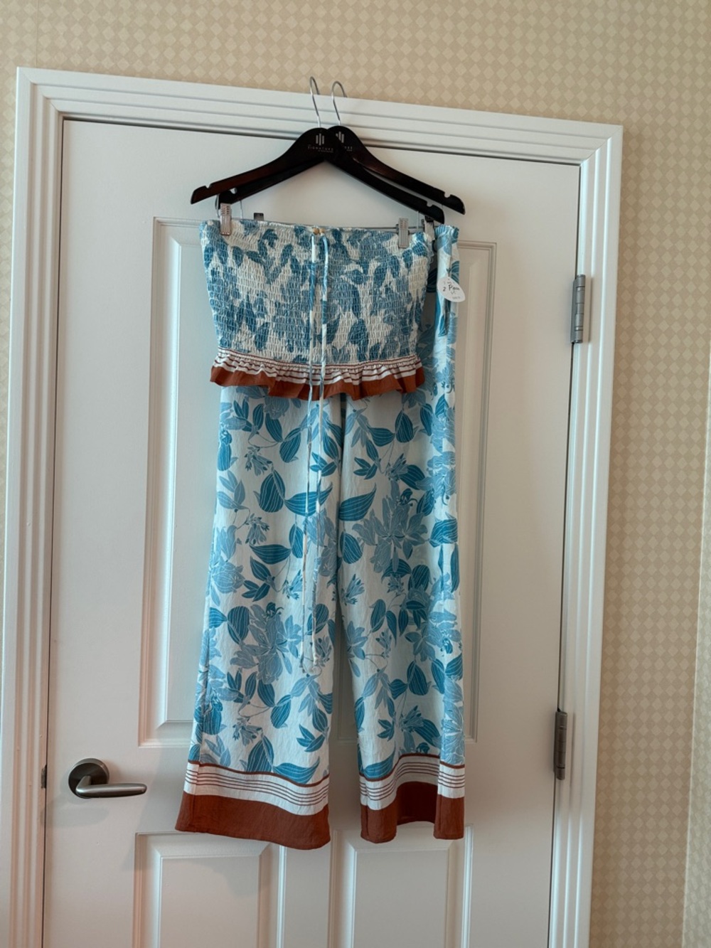 Sienna Sky Blue Floral Strapless Jumpsuit with Brown Trim